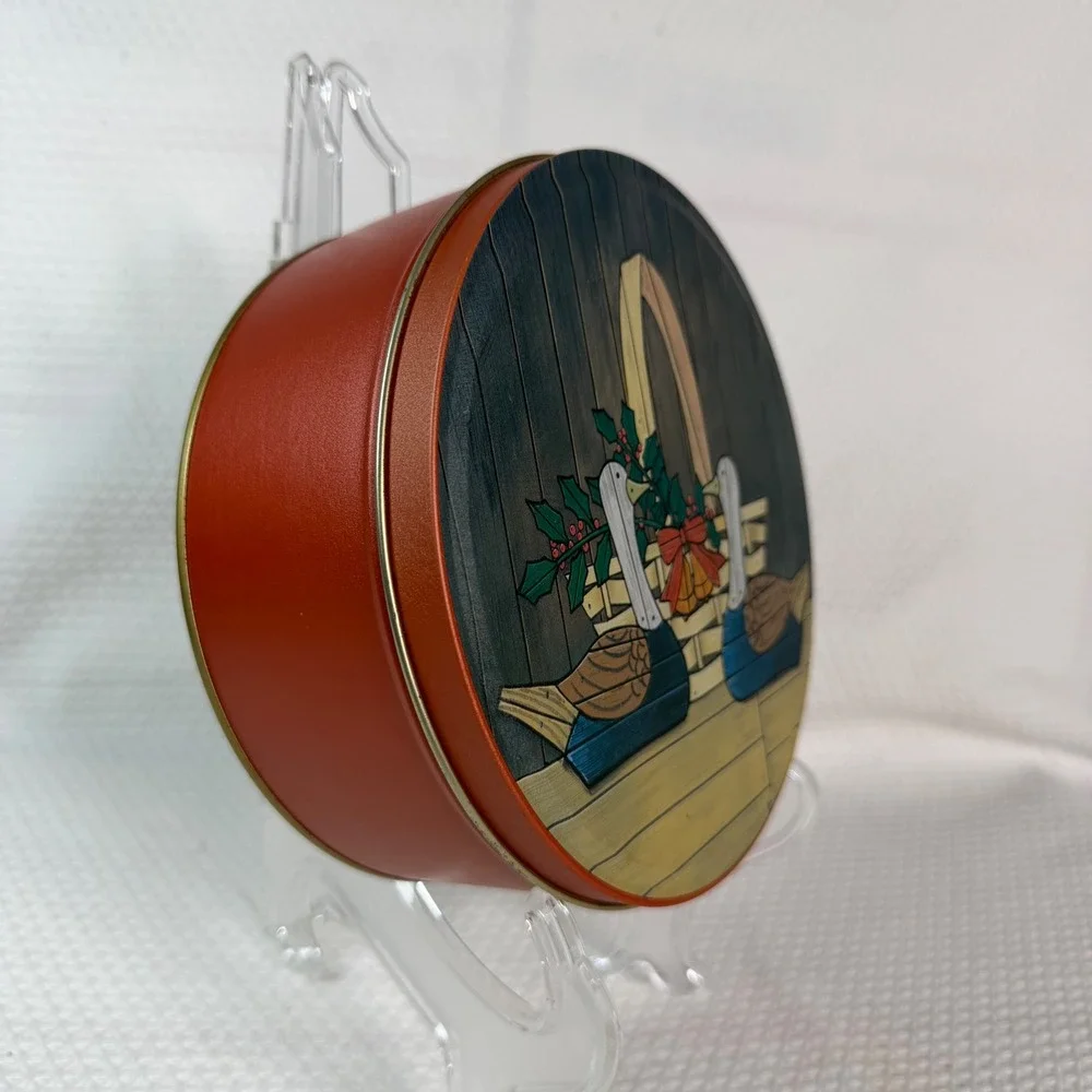 Vintage Holiday Ducks Folk Art Round Metal Decorative Tin Red 7in Cottagecore